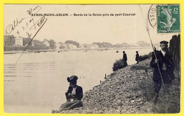 cpa 91 - ATHIS MONS ABLON PÊCHEURS QUAI de SEINE pris du PORT COURCEL Vigneux