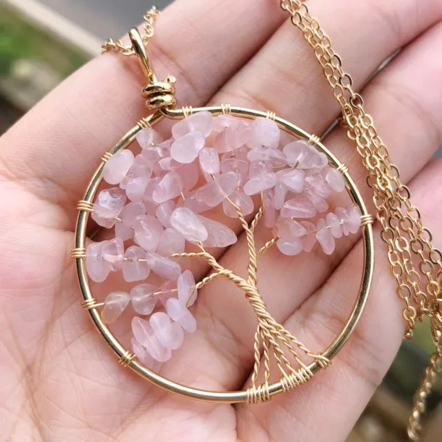 Rose Quartz Gem Tree Of Life Water-Drop Necklace Chakra Reiki Healing Amulet