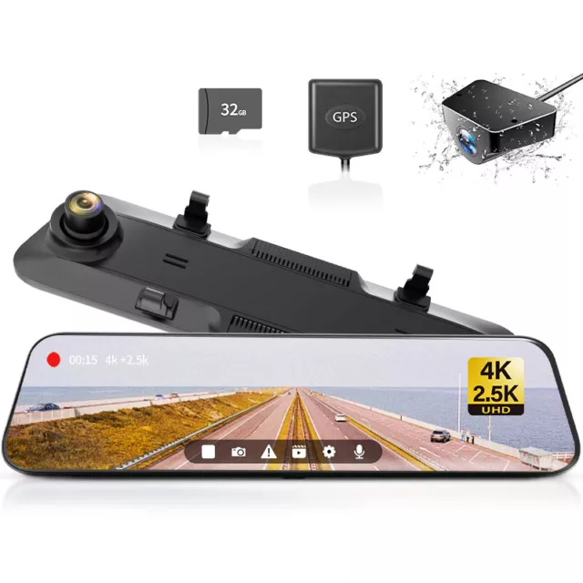 WOLFBOX Mirror Dash Cam Front and Rear View 4K+2.5K Car Camera Free 64GB Card