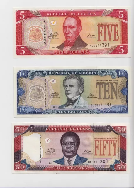 Liberia 5 10, 50 Dollars 2011 ( P-26,27,29 )Unc Set