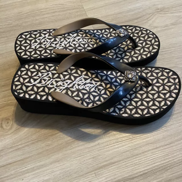 Brighton Flip Flop Sandals Black White Jewel Wedge Slip On Thong Women's 6