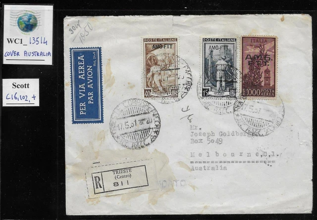WC1_13514. ITALY: TRIESTE FTT. Cover w. 1000 L. 1949 air DEMOCRATICA. Scott C16+