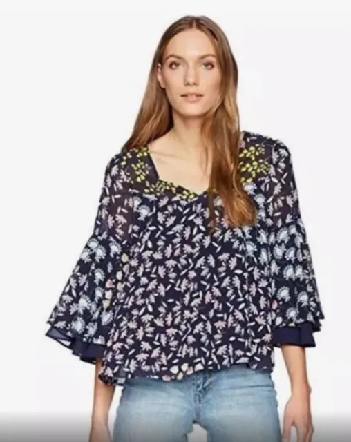 Nanette Lepore Navy Blue Spring Bloom Floral Top Blouse 3/4 Bell Sleeve Lined 2X