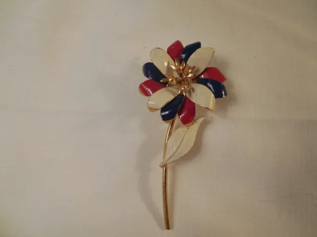 Vintage red White & blue enamel flower brooch 3 1/4"
