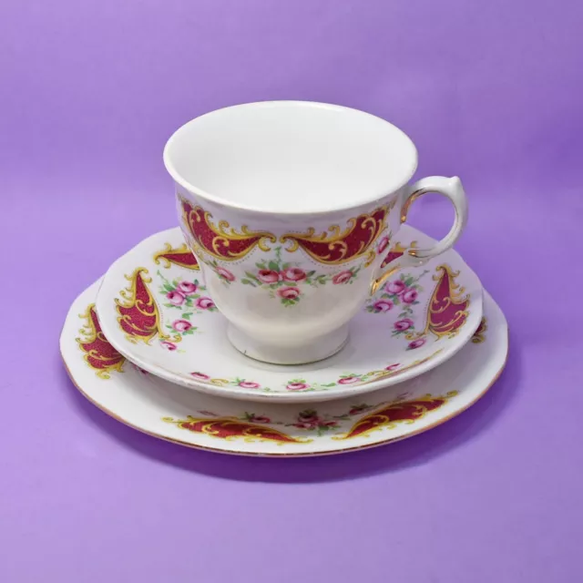 Queen Anne Trio,Small Pink Roses,Red,Yellow,Gold Border Cup,Saucer,Plate,Vintage