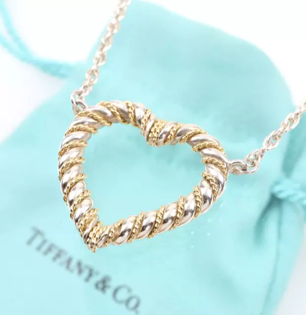 Tiffany & Co. Twist Open Heart Pendant Necklace 19" Silver 925 & 18K Yellow Gold