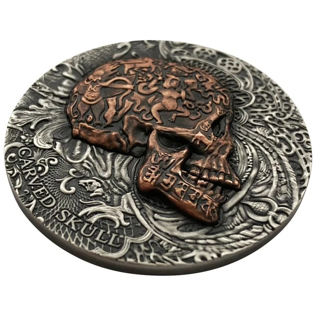 2017 Carved Skull 1 oz Pure Silver High Relief Antiqued Coin 3