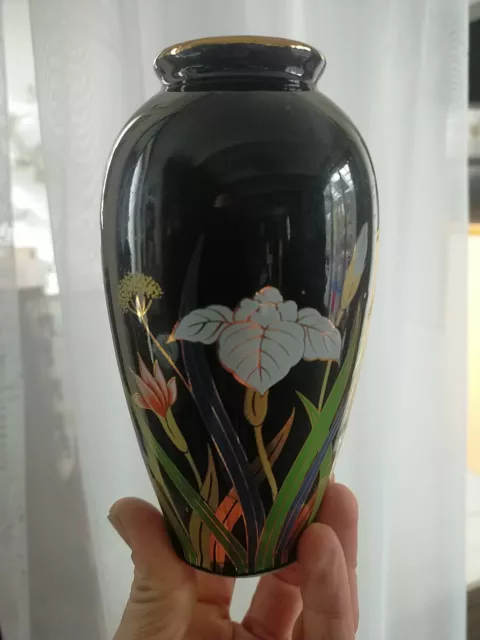 Vintage Black Vase. Gold Gilded Flowers Japanese 1980