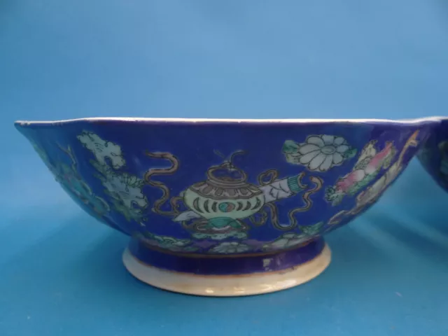 Old Signed Blue China Chinese Porcelain Decorative Display Bowls Pair 3