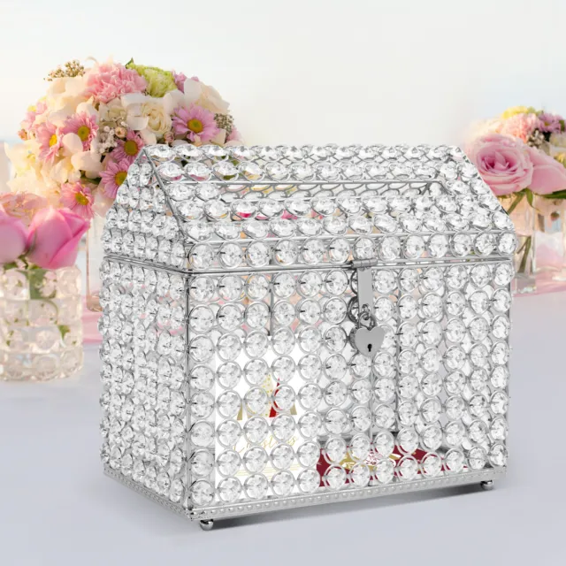 Crystal Wedding Card Holder Box Treasure Chest Wedding Money Box w/ Lock Silver