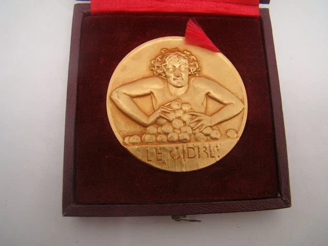 Rare Medaille De Pomologie En Bronze Dore & Ecrin Signee Par Delannoy Le Cidre