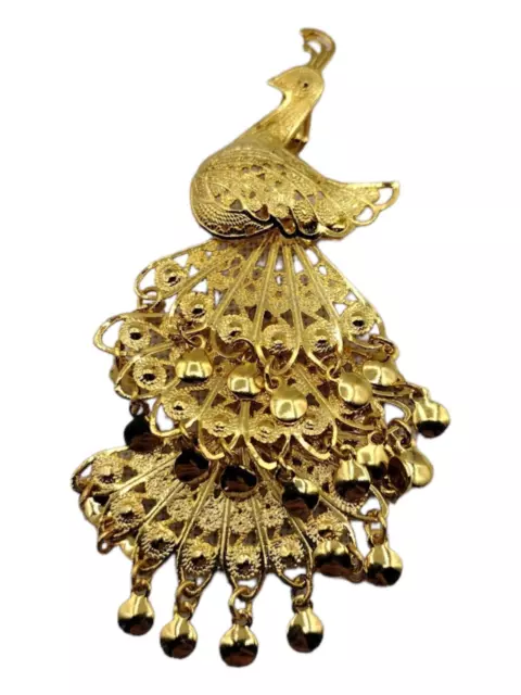 Vintage Peacock Pendant Brooch Pin Gold Tone Filigree Dangle Articulated  2.5"