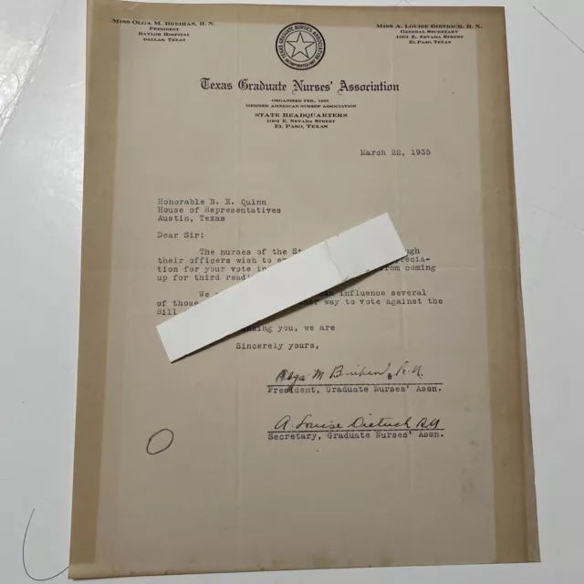 Louise Dietrich Texas Graduate Nurses Association Letter 1935 signed Suffragette
