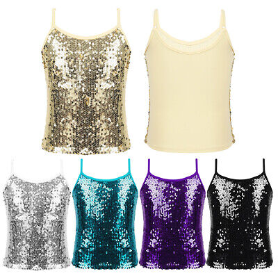 Girls Sparkle Sequin Dance Top Sleeveless Camisole Dance Sports Vest Tank Shirt