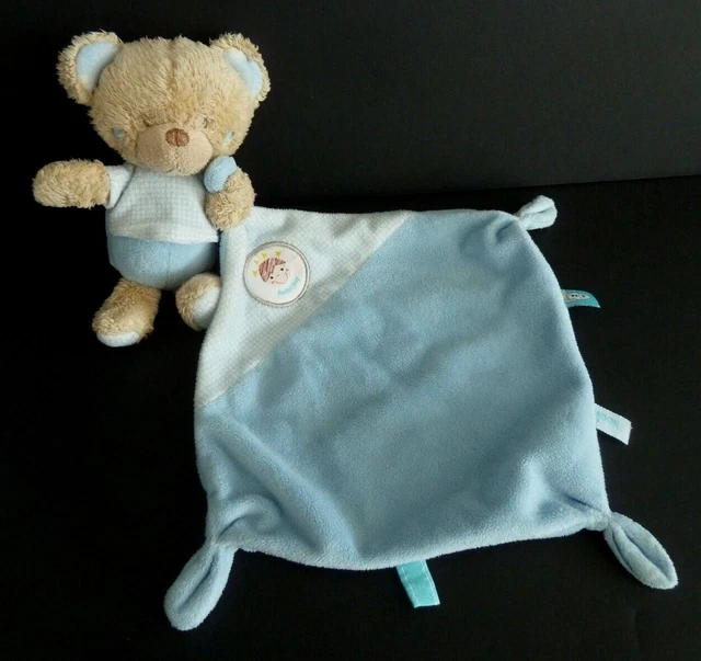 *. DOUDOU PELUCHE TEX BABY MOUCHOIR OURS  Moon rocket boy Bleu blanc fusée TBE
