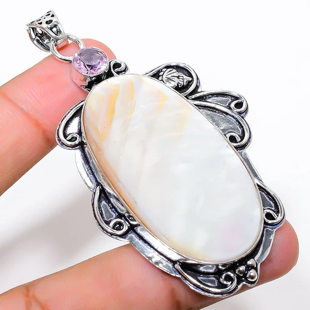 Mother Of Pearl Gemstone 925 Sterling Silver Jewelry Pendant 2.99"