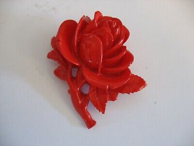 Vtg jewelry Carved enamel RED ROSE Flower brooch pin