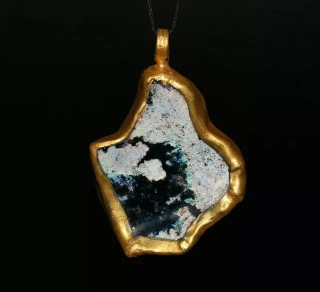 Beautiful Iridescent Roman Glass Pendant with Handmade Gold Plated Mount