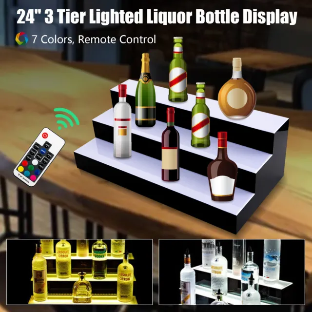 24" LED Lighted Back Bar Liquor Bottle Display Shelves 7 Colors w Remote Control