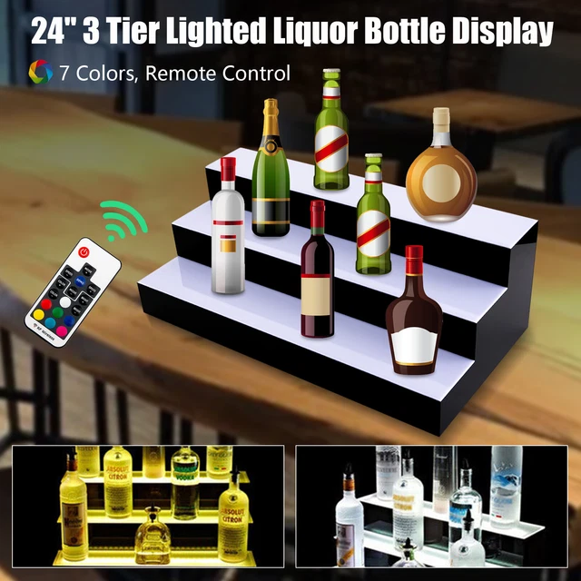 24" LED Lighted Liquor Bottle Display Shelf LED Bar Bottle Display Stand 3 Step