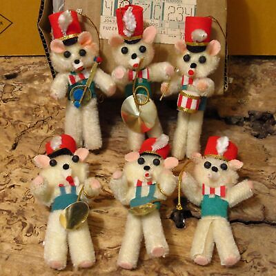 Vintage Lot 6 Made Japan Christmas Ornaments Fuzzy Music Bears New w/ Box