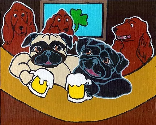 FAWN & BLACK PUG in IRISH PUB Signed Dog Pop Art PRINT of Original Painting VERN