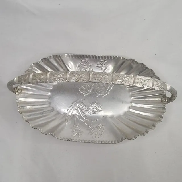 Farber & Shlevin Hand Wrought Aluminum Handled Tray 8.5"x5" Vintage Floral Metal