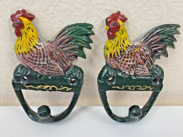 2 Cast Iron Rooster Farm Wall Hook Yellow Green Keys Hand Towels Chicken Hook