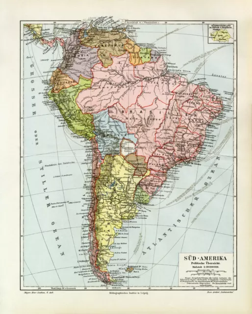 Südamerika Politische Übersicht historische Landkarte Lithographie ca. 1908