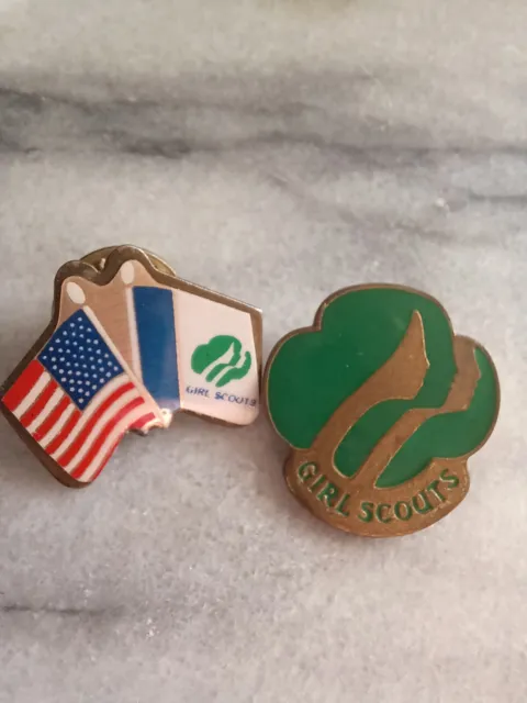 2 Vintage Girl Scout Lapel Pins Brooches Brass Tone Green Enamel, Patriotic Book