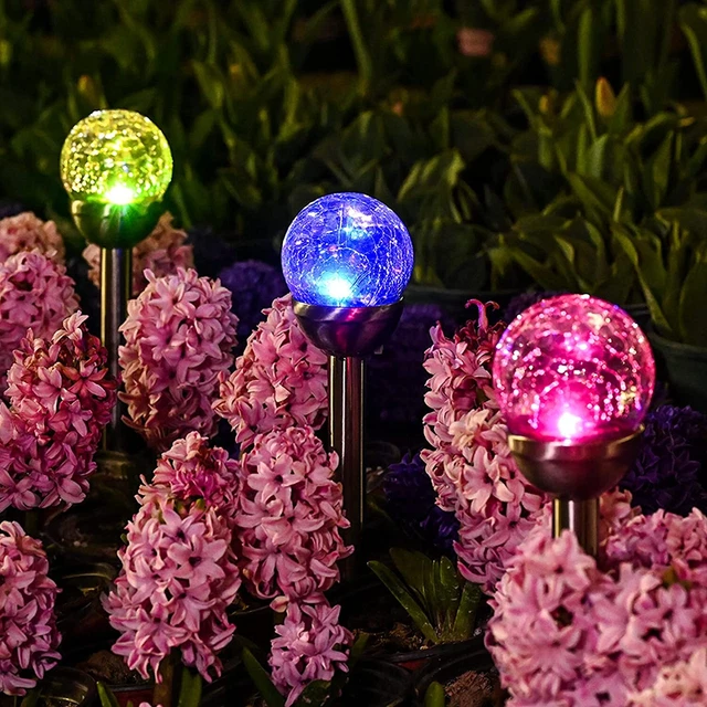 COLOUR CHANGING SOLAR Powered Led Crackle Ball Garden Lights Stainless
