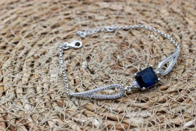 Style: Mid-Century Blue Sapphire & Diamond Ladies 7"Bracelet 14K White Gold Over 3