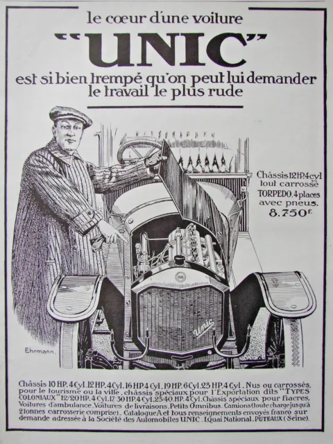 Publicité Presse 1914 Le Coeur D'une Voiture Torpedo Unic Chassis 12 Hp 4 Cyl