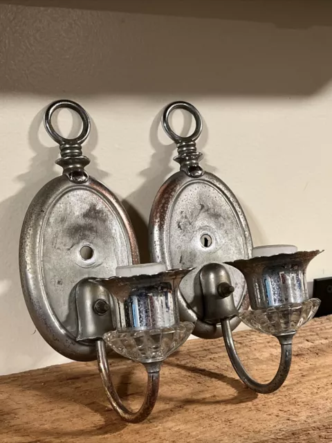 Pair Shield Back Wall Sconces Victorian Nickel Over Brass Antique Lighting PAIR!