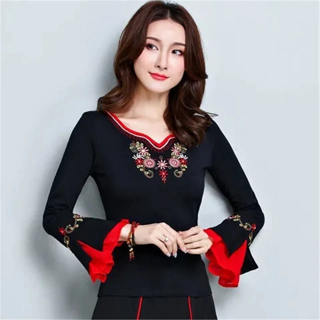 Women's Chinese National Style Embroidery Long Sleeve Cotton T Shirt Blouse Tops