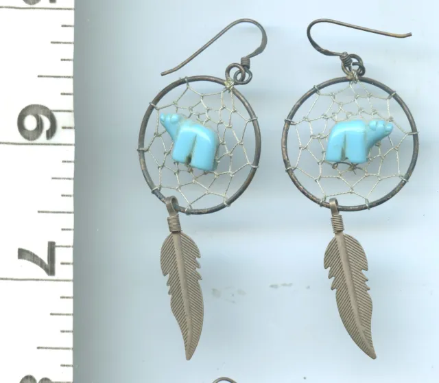 Native American Sterling Silver Turquoise Bear Dream Catcher Earrings Jewelry