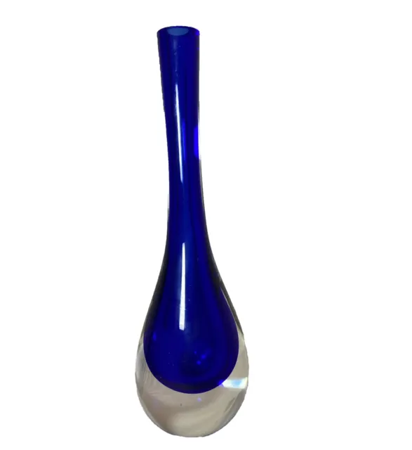 Cobalt Blue Clear Art Glass Vase 8.5 Tall Blown Teardrop Drop Blown Murano Style