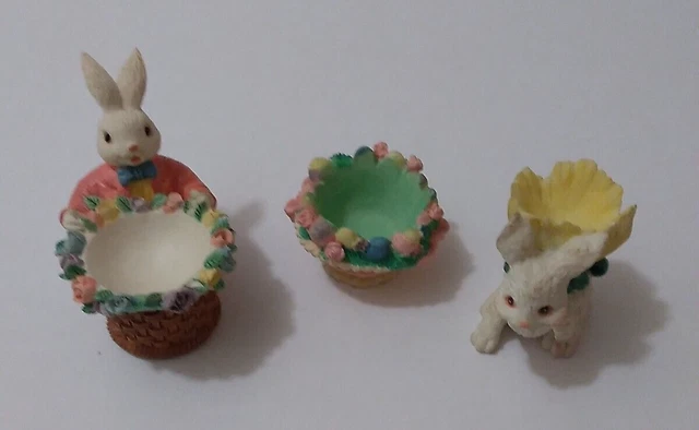 Vintage Dept 56 Lot 3 Spring Easter Resin Bunny Rabbits & Floral Baskets Figures