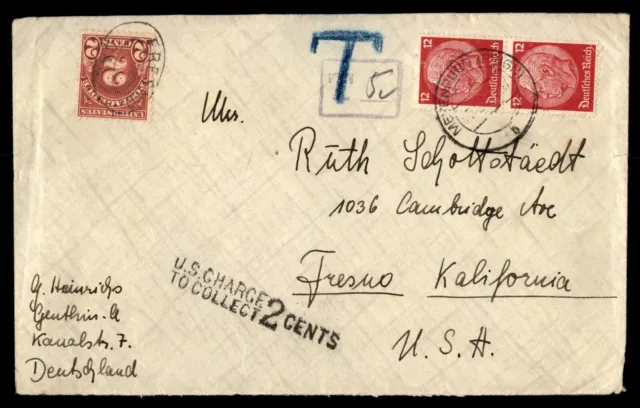 Mayfairstamps Germany 1930s to US Short Paid 2c Postage Due California Cover aac
