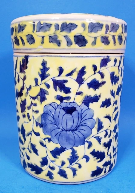 Asian Porcelain Lidded Jar Mid 20th Century Canary Yellow W/ Blue Flowers