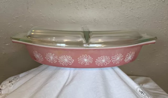 Vintage Pyrex Pink Daisy Divided Casserole Dish 1 1/2 Quart 1.5 qt With Lid