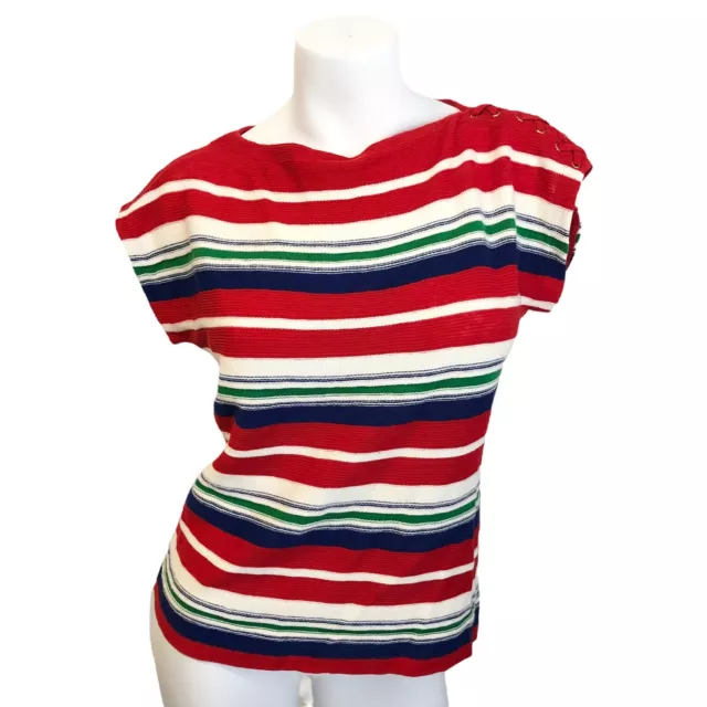 Lauren Ralph Lauren Linen Blend Knit Top Red White Blue Striped Marine Sz M EUC