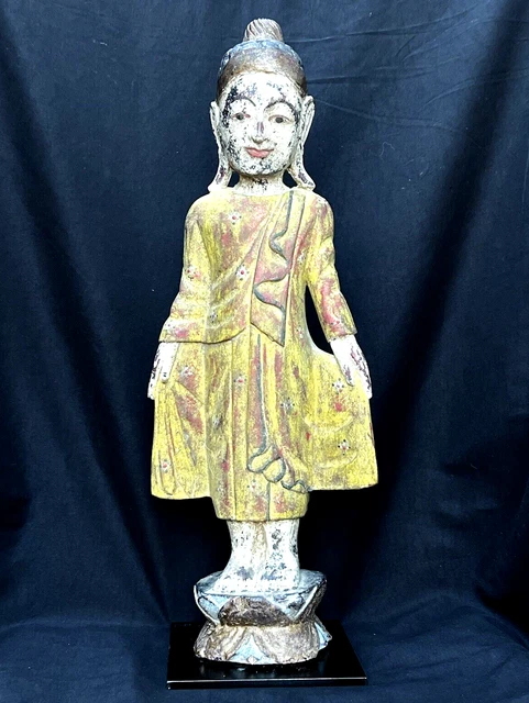 Antique Asian Burmese Carved Wood Mandalay Standing Buddha
