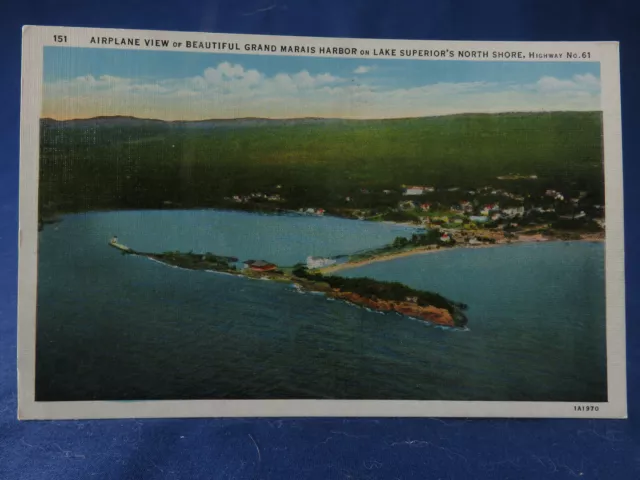 Linen Litho PC Airplane View Grand Marais Harbor Lake Superior North Shore Minn