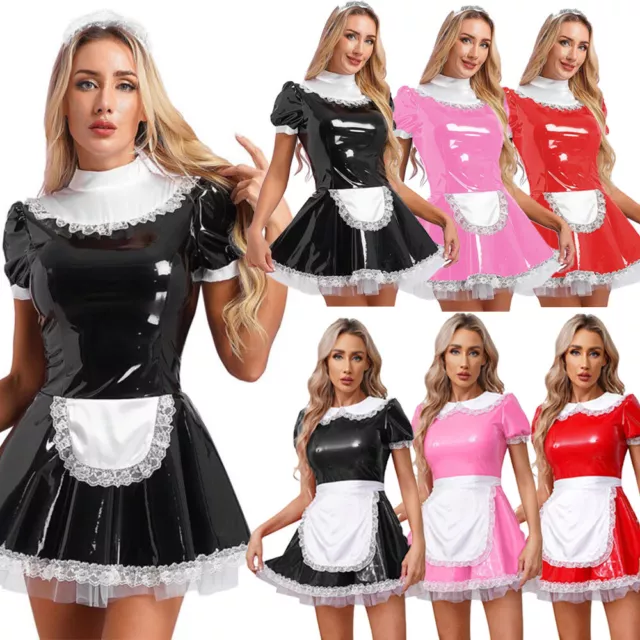 DE Damen Kostüm Latex Dienstmädchen Lack Maid Kleid Französisches Magd Uniform