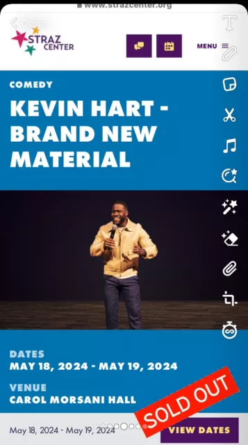 2 Tickets Kevin Hart 5/18/24 Carol Morsani Hall - The Straz Center Tampa, FL