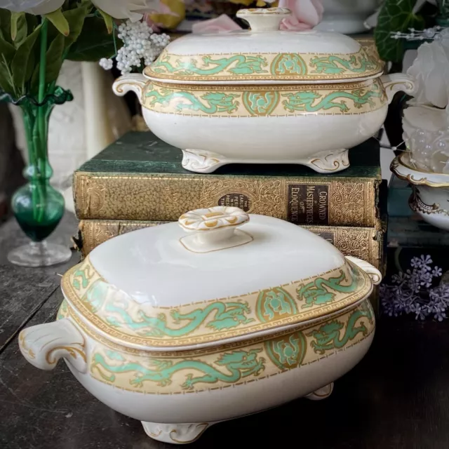 Victorian Antique Booths Silicon China Tureens x2 with Green Dragon Trim #4410G