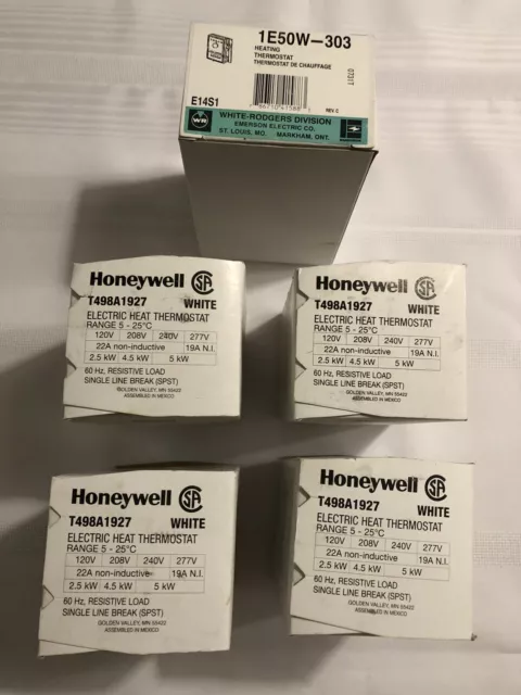 Lot of 4-T498A1927 Honeywell Thermostats + WR 1E50W-303 Low V. Heat Thermostat