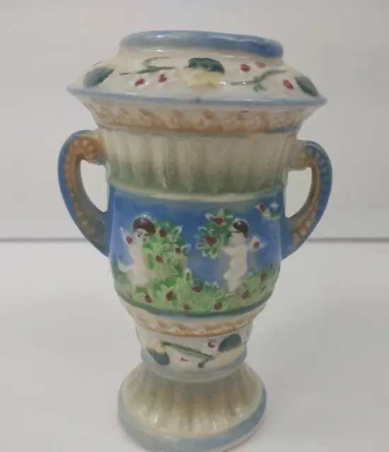Vintage Japan Hand Painted Majolica Urn Vase 5" tall x 3.5" wide blue angel