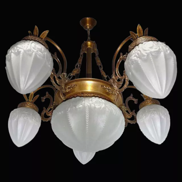 Fabulous Antique French Art Deco Art Nouveau Gilt Brass Frosted Glass Chandelier
